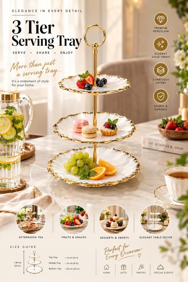 3 tier white porcelain serving tray with gold finish displayed with fruits, macarons and desserts